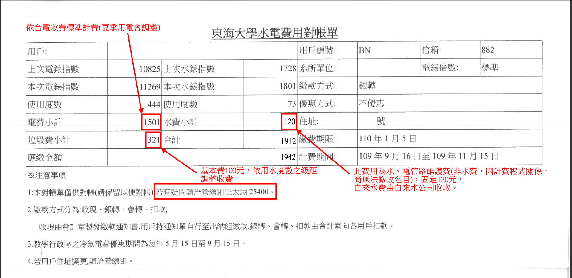 水電費用對帳單說明